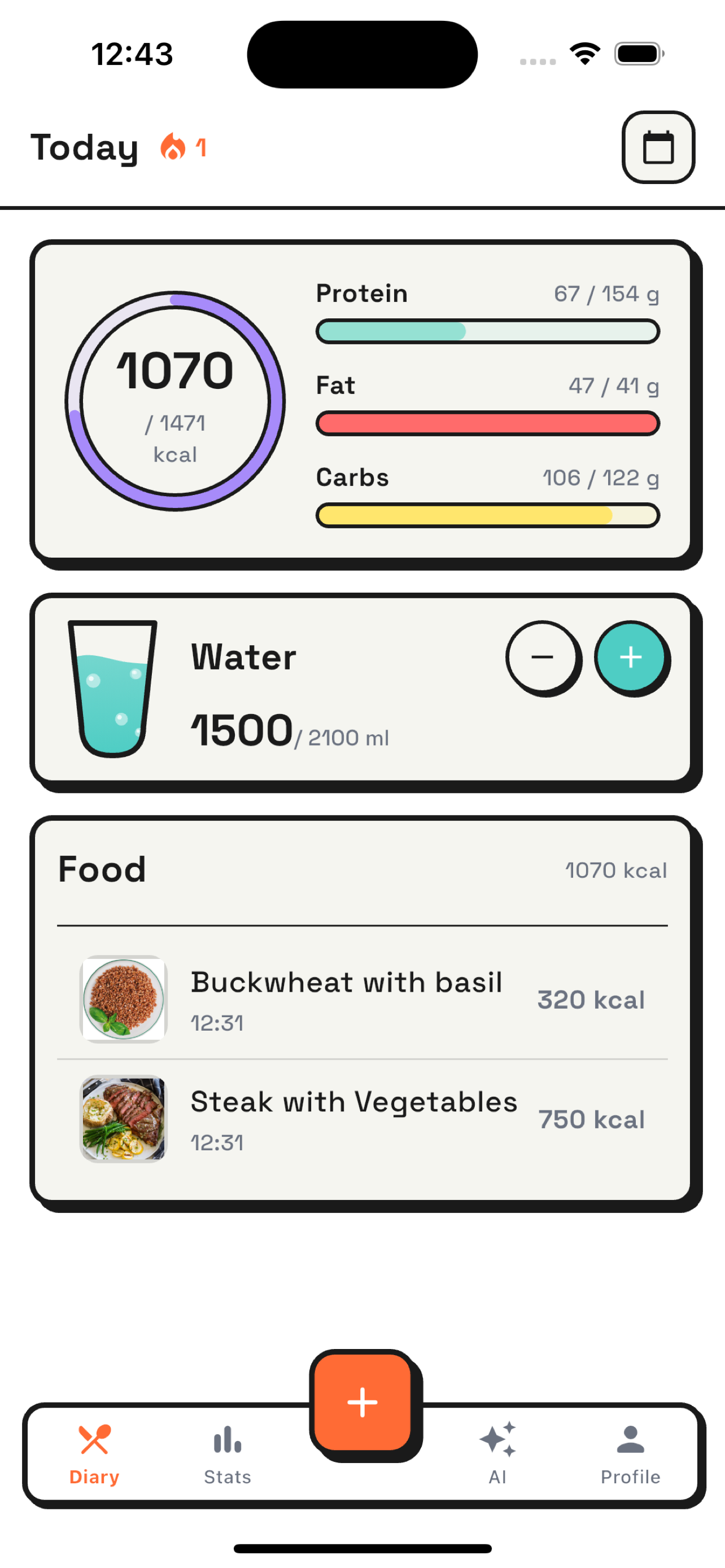 KushAI food diary with calories and macros tracking